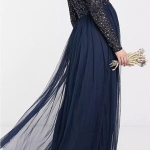 Navy Maternity Long Sleeve Evening Gown - Sequin and tulle